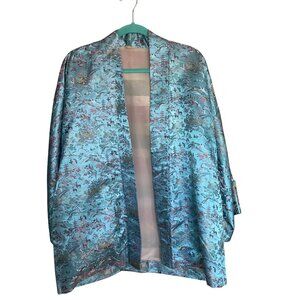 Hagoromo Vintage Womens Kimono Robe One Size Blue Landscape Brocade Casual